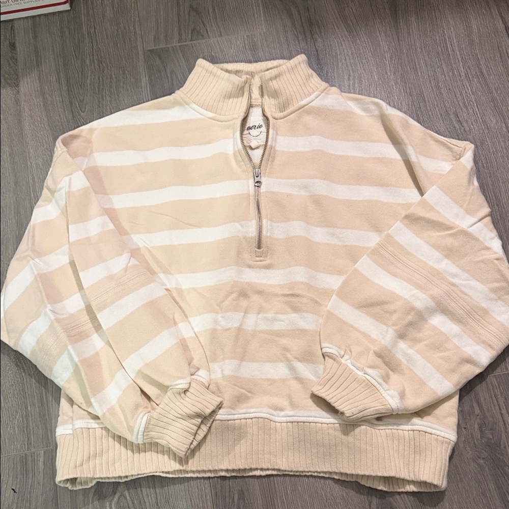 Aerie Cream and White Striped Half-Zip Sweater